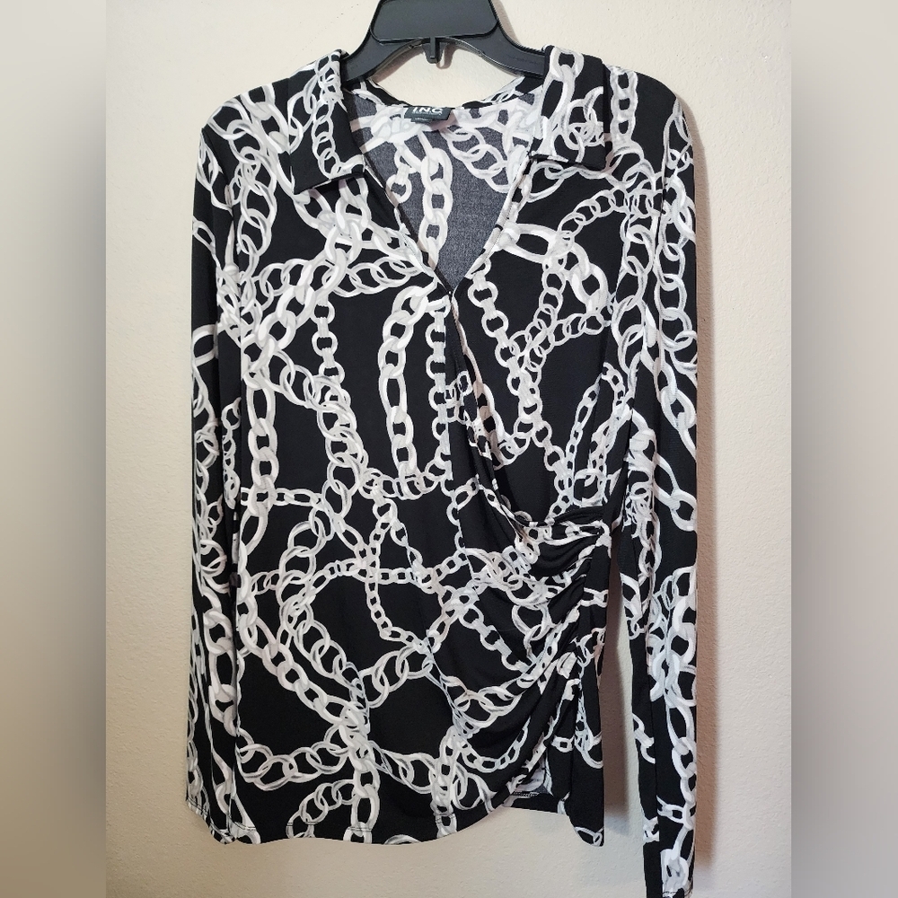 NWOT I.N.C. Womens Black Chain Side Ruched Long-sleeve Blouse
